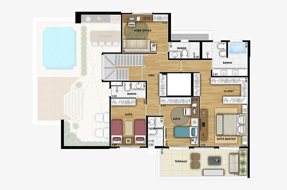 Perspectiva artística do pavimento superior da Cobertura de 310m² de área privativa