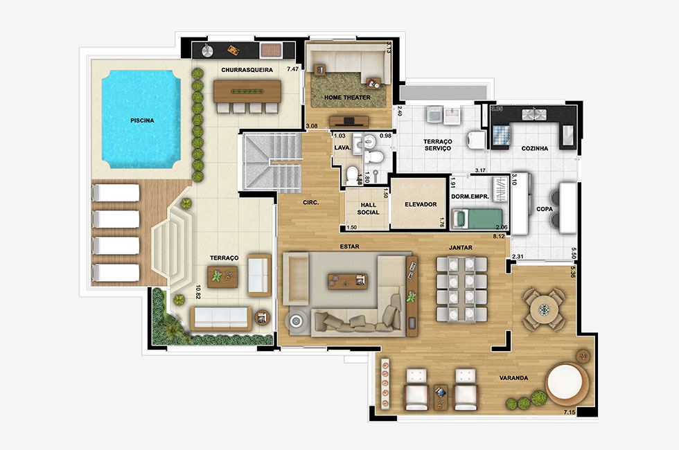 Perspectiva artística do pavimento inferior da Cobertura de 310m² de área privativa