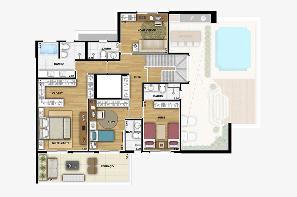 Perspectiva artística do pavimento superior da Cobertura de 310m² de área privativa