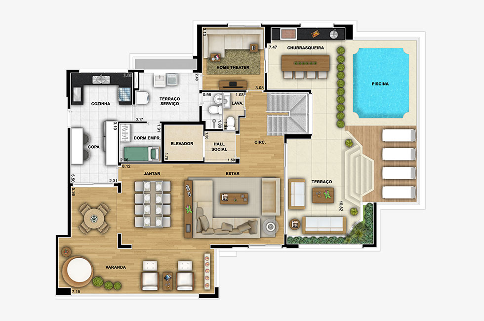 Perspectiva artística do pavimento inferior da Cobertura de 310m² de área privativa